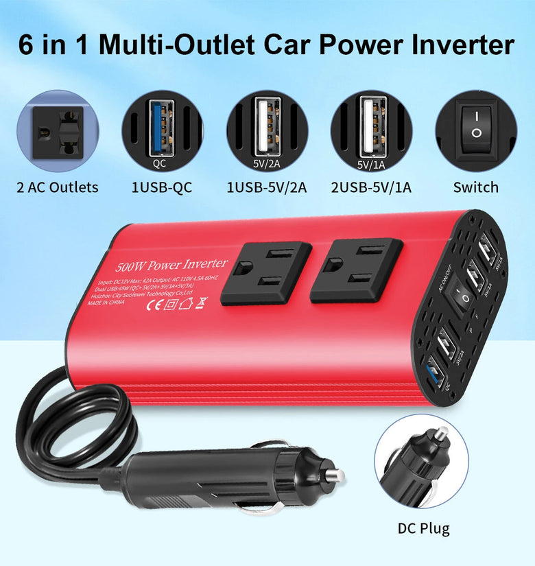 12V to 220V Car Inverter Modified Sine Wave Car Power Converter 500W Peak Power Quick and Smart Charging