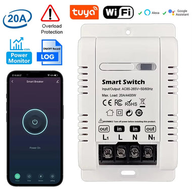 Tuya 20A WiFi Smart Switch Circuit Breaker APP Control Power Monitor Overload Protection Works with Alexa Google Home Siri