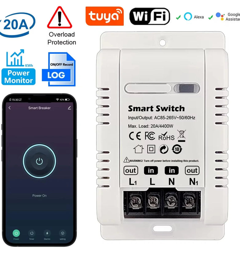 Tuya 20A WiFi Smart Switch Circuit Breaker APP Control Power Monitor Overload Protection Works with Alexa Google Home Siri