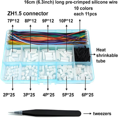 ZH1.5MM Connector Socket Kit with Crimped Cable Terminal 2345678910P Housing 16cm 28AWG Wire Pre-crimped 10 Colors for DIY Electronics Arduinos Robotics
