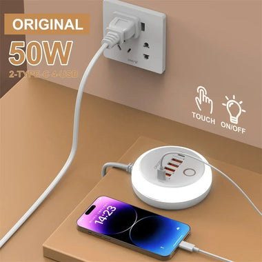 50W 6-Port USB PD Charger 4USB-A+2USB-C PD Fast Charging Power Strip with Touch Light EU Plug US Plug for iPhone 16 16Pro 15 14 13 Pro Max for Samsung Galaxy Z Flip6 for Xiaomi 15pro for Huawei Mate XT