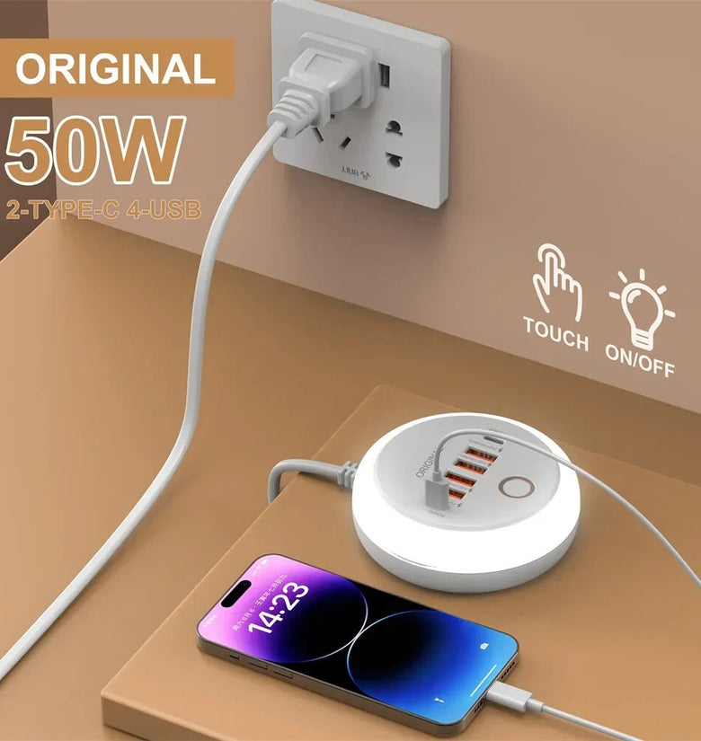 50W 6-Port USB PD Charger 4USB-A+2USB-C PD Fast Charging Power Strip with Touch Light EU Plug US Plug for iPhone 16 16Pro 15 14 13 Pro Max for Samsung Galaxy Z Flip6 for Xiaomi 15pro for Huawei Mate XT
