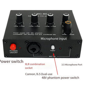 MIC-60 Balanced Mic Preamplifier Condenser Moving Coil Microphone Amplifier 48V Phantom Power 60dB Gain Low Cut Three Band Equalizer with USB and XLR Cable