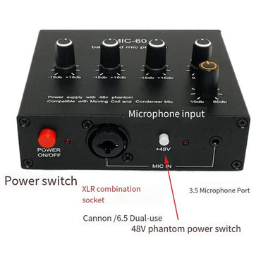 MIC-60 Balanced Mic Preamplifier Condenser Moving Coil Microphone Amplifier 48V Phantom Power 60dB Gain Low Cut Three Band Equalizer with USB and XLR Cable