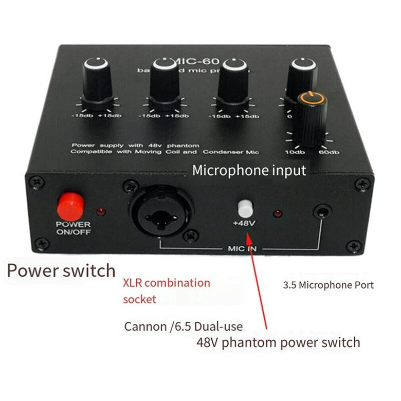 MIC-60 Balanced Mic Preamplifier Condenser Moving Coil Microphone Amplifier 48V Phantom Power 60dB Gain Low Cut Three Band Equalizer with USB and XLR Cable