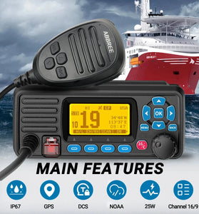 ABBREE AR-509MG VHF Marine Radio Waterproof IP67 25W Built-in GPS NOAA Weather Alerts DSC Call USA INT CAN Marine Channels