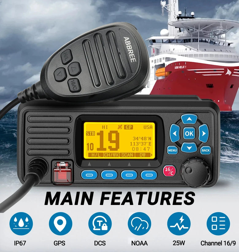 ABBREE AR-509MG VHF Marine Radio Waterproof IP67 25W Built-in GPS NOAA Weather Alerts DSC Call USA INT CAN Marine Channels