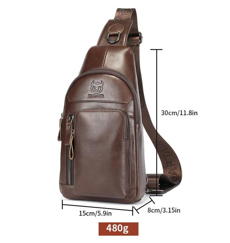 BULLCAPTAIN 8-Inch Men's Chest Bag Top-grain Cowhide Leather Vintage Multi-Pocket Shoulder Messenger Bag for Outdoor Daily Travel