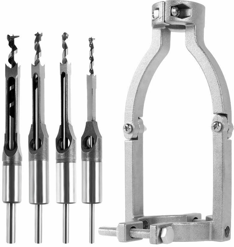 Square Hole Drill Bit Adapter with 4 Drill Bits Carbide Square Hole Drill Fixing Bracket Precise Woodworking Mortising Chisel Kit Tenon Drill Bits Fixing Bracket Accessory for Bench Drill