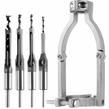 Square Hole Drill Bit Adapter with 4 Drill Bits Carbide Square Hole Drill Fixing Bracket Precise Woodworking Mortising Chisel Kit Tenon Drill Bits Fixing Bracket Accessory for Bench Drill