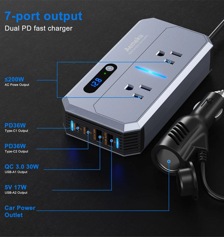 Aemeku 200W Multi-functional Car Inverter DC 12V to AC 220V Converter Auto Power Lighter Adapter USB Type-C PD30W QC3.0 18W Charger