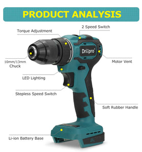 Drillpro 23-48N.M 10mm/13mm 1800rpm 21+1 Torque Cordless Brushless Electric Drill Fit Mak