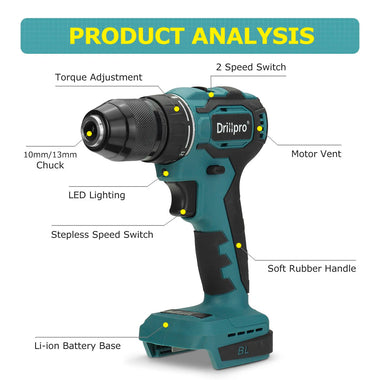 Drillpro 23-48N.M 10mm/13mm 1800rpm 21+1 Torque Cordless Brushless Electric Drill Fit Mak