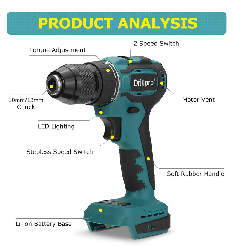 Drillpro 23-48N.M 10mm/13mm 1800rpm 21+1 Torque Cordless Brushless Electric Drill Fit Mak