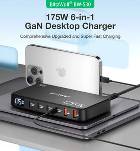 [GaN Tech] Blitzwolf BW-S30 175W 6-Port USB PD Charger 4USB-C+2USB-A QC PD Digital Display Fast Charging Desktop Charging Station for iPhone 16 16 Pro 15 14 13 Pro Max for MacBook Pro for Airpods for Apple Watch