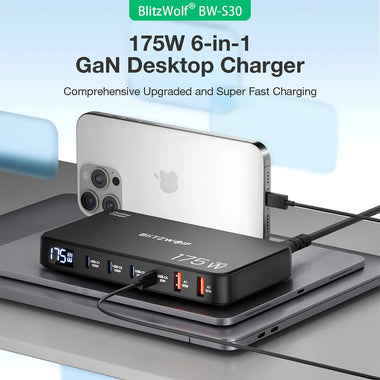 [GaN Tech] Blitzwolf BW-S30 175W 6-Port USB PD Charger 4USB-C+2USB-A QC PD Digital Display Fast Charging Desktop Charging Station for iPhone 16 16 Pro 15 14 13 Pro Max for MacBook Pro for Airpods for Apple Watch