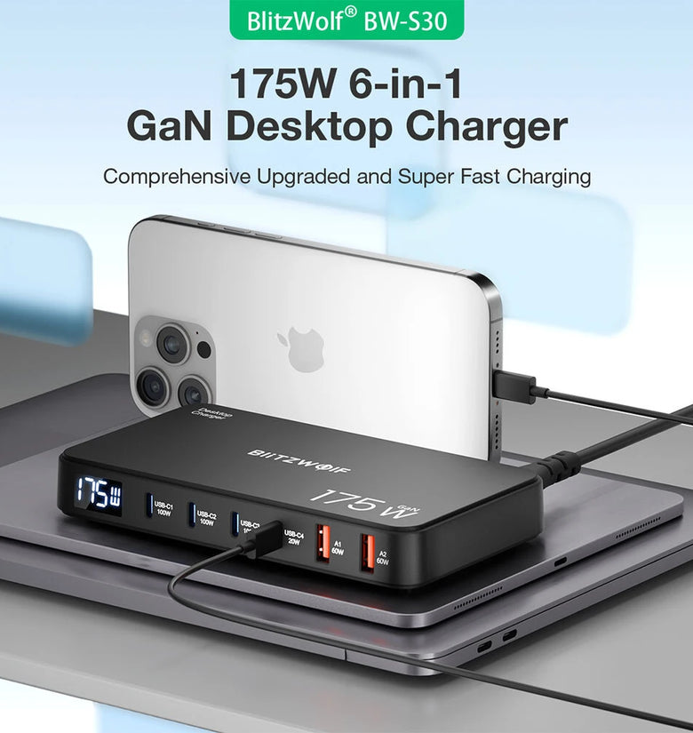 [GaN Tech] Blitzwolf BW-S30 175W 6-Port USB PD Charger 4USB-C+2USB-A QC PD Digital Display Fast Charging Desktop Charging Station for iPhone 16 16 Pro 15 14 13 Pro Max for MacBook Pro for Airpods for Apple Watch