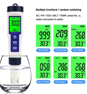 5 in1 Pool Salt Tester Digital Salinity Meter High Accuracy IP67 Waterproof with PPM PPT % Display Auto-Off Energy Efficient for Pools Aquariums Seawater