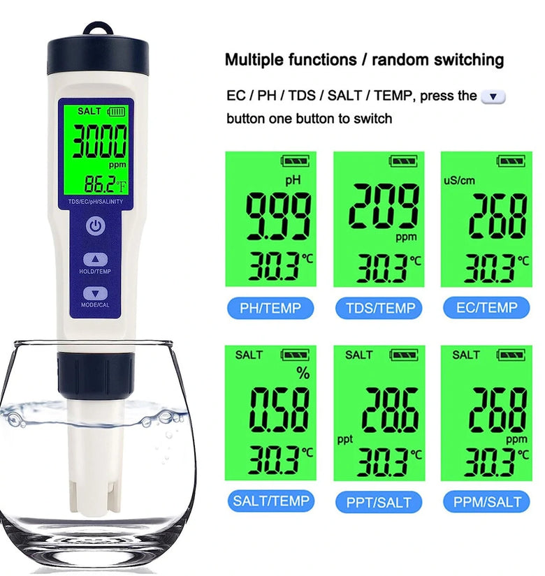5 in1 Pool Salt Tester Digital Salinity Meter High Accuracy IP67 Waterproof with PPM PPT % Display Auto-Off Energy Efficient for Pools Aquariums Seawater