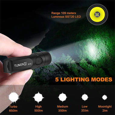 TUNENGE S15 650LM Mini Porable LED Keychain Flashlight USB Rechargeable Pocket Light Waterproof Emergency Outdoor Camping Fishing Lighting