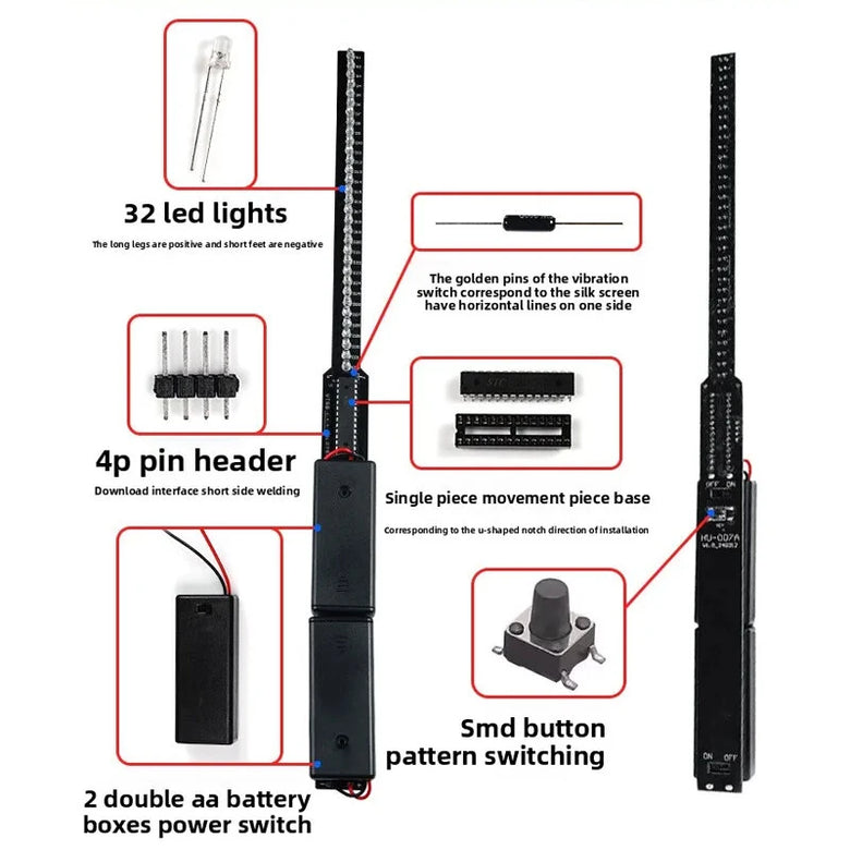 32-bit LED Flashing Light DIY Shaker Kit 8 Pattern Transformations Customizable Graphics Multi-Color LEDs Electronic Soldering Practice Kit