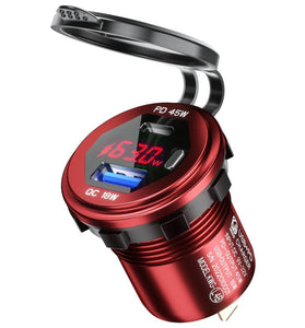 12-24V 63W Metal Car Charger Socket 45W PD + 18W QC3.0 with LED Voltage/Power Display ON/OFF Switch for SUV Motorcycle Truck Boat ATV