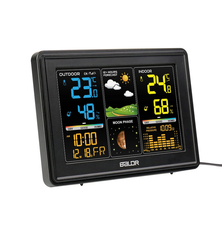 BALDR Wireless Weather Station Digital Display Alarm Clock Calendar Temperature Hygrometer Meter Weather Forecast Radio Wave Moon Phase Barometer Sensor