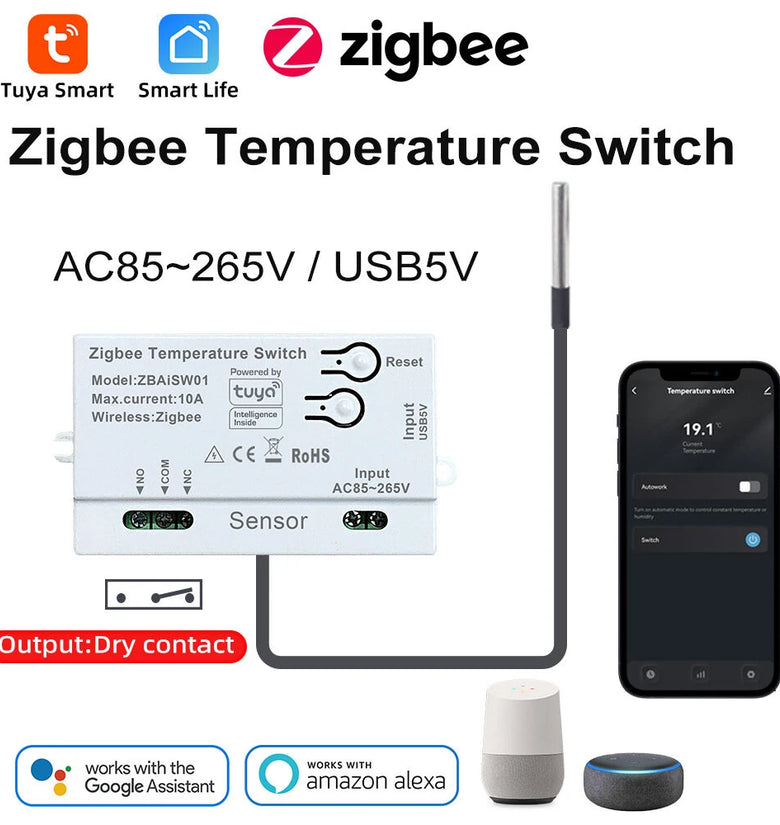 Tuya ZBAiSW01 Zigbee3.0 Smart Temperature Switch 10A Dry Contact Smart Thermostat Voice App Remote Control Timer Function Work with Alexa Google Home