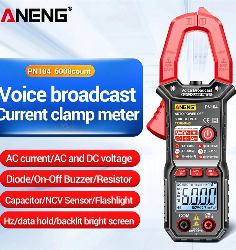 ANENG PN104 Clamp Meter AC Current Voice Broadcast Multimeter AC DC Voltage Tester Car Amp Hz Capacitance NCV Ohm Tester Tools