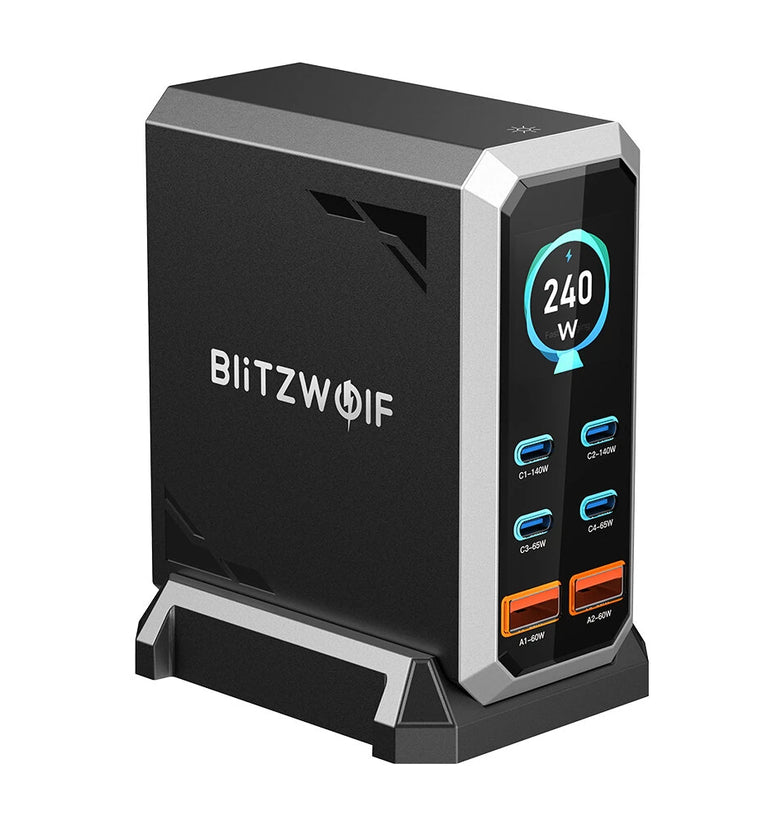 [GaN Tech] Blitzwolf BW-S31 240W 6-Port USB PD Charger 4USB-C+2USB-A QC PD Digital Display Fast Charging Desktop Charging Station for iPhone 16 16 Pro 15 14 13 Pro Max for MacBook Pro for Airpods for Apple Watch
