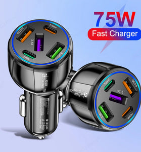 75W 5-Port USB PD Car Charger Adapter 3USB-A+2USB-C PD QC3.0 Fast Charging for iPhone 15 15 Plus 15Pro 15Pro Max for Huawei Mate60 Pro for Samsung Galaxy Z Flip4 for Xiaomi 13pro