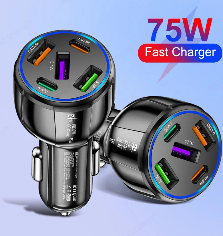 75W 5-Port USB PD Car Charger Adapter 3USB-A+2USB-C PD QC3.0 Fast Charging for iPhone 15 15 Plus 15Pro 15Pro Max for Huawei Mate60 Pro for Samsung Galaxy Z Flip4 for Xiaomi 13pro