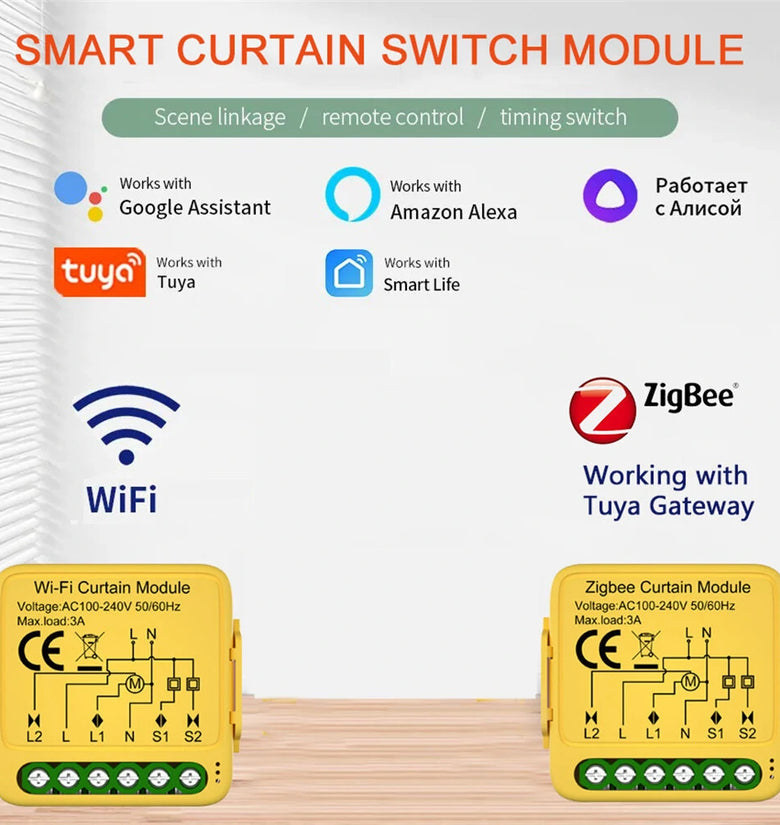 Tuya Wifi/Zigbee Smart Curtain Module Alexa Google Home Assistant Compatible with Remote App Control Timer Schedule Sharing Function Ideal for Smart Home Automation
