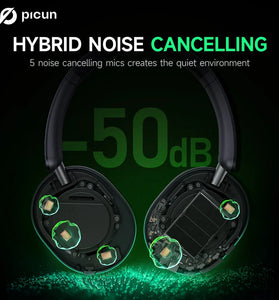 Picun F6 Wireless bluetooth Headset ANC Headphone -50dB Active Noise Cancelling 45mm Dynamic Drivers 120H Playtime Low Gaming Latency AUX Wired Headphones with Mic
