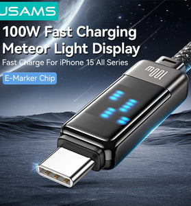 USAMS SJ744 100W Type-C to Type-C Meteor Light Display Cable Fast Charging Data Transmission Tinned Copper Core Line 1.2M Long for iPhone 16 Pro 15 Pro Max for Huawei Mate XT for Xiaomi MIX Fold4 for Samsung Galaxy Z Flip6
