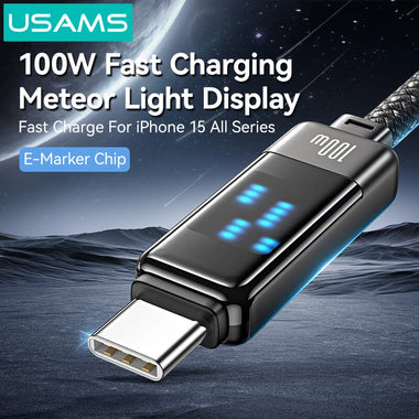 USAMS SJ744 100W Type-C to Type-C Meteor Light Display Cable Fast Charging Data Transmission Tinned Copper Core Line 1.2M Long for iPhone 16 Pro 15 Pro Max for Huawei Mate XT for Xiaomi MIX Fold4 for Samsung Galaxy Z Flip6