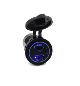 Dual USB QC3.0 Fast Charging + PD Port 65W High Power 2 Ports Car Charger with Blue LED Light for iPhone Samsung