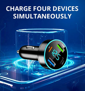 66W Fast Charge Car Charger 4 USB PD20W Type-C QC3.0 Display Car Charger USB Charger 4 Port Car Charger Adapter Voltage Meter Compatible with Samsung/iPhone Android iOS Devices