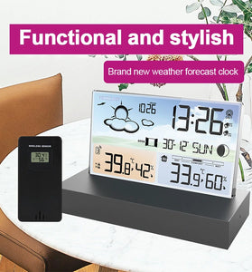 Clear Glass Weather Station Color Screen Thermometer Hygrometer Weather Forecast Calendar Wireless Indoors Outdoors Digital Temperature Humidity Monitor Alarm Clock