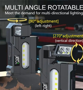 Multipurpose Dual Light Source LED Keychain Flashlight LCD Display Rotatable Pocket Work Light with Metal Clip EDC Torch for Outdoor Camping Hiking Emergency