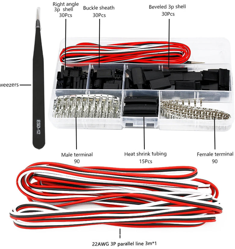 JR 3P Connector Kit 22AWG 3 Meter Cable 0.8A 300V Secure Locking Heat Shrink Tubing RC Model Robotics Electronics