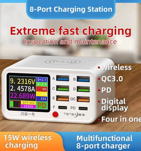TENSAJ Shanba No.1 65W 8-Port USB Wireless Charger Station with LCD Digital Display 6USB-A+2USB-C PD QC3.0 FCP SCP AFC Fast Charging Desktop Charging Station EU Plug for iPhone 16 16 Pro 15 14 13 Pro Max for Huawei Pura X for Xiaomi 15pro