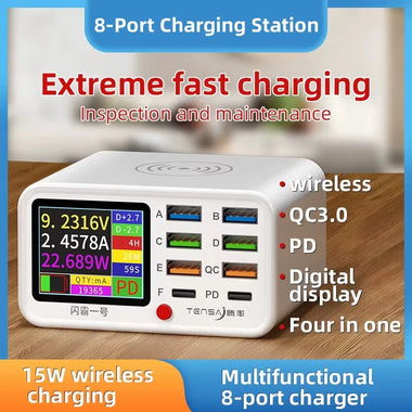 TENSAJ Shanba No.1 65W 8-Port USB Wireless Charger Station with LCD Digital Display 6USB-A+2USB-C PD QC3.0 FCP SCP AFC Fast Charging Desktop Charging Station EU Plug for iPhone 16 16 Pro 15 14 13 Pro Max for Huawei Pura X for Xiaomi 15pro