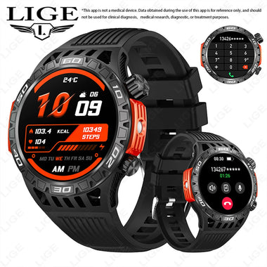 LIGE 1.46inch HD Screen Massive Battery Compass bluetooth Call Heart Rate Blood Pressure Monitor SOS Emergency Call Sleep Monitoring Multi-sport Modes Music Playback 10M Waterproof Smart Watch with Flashlight