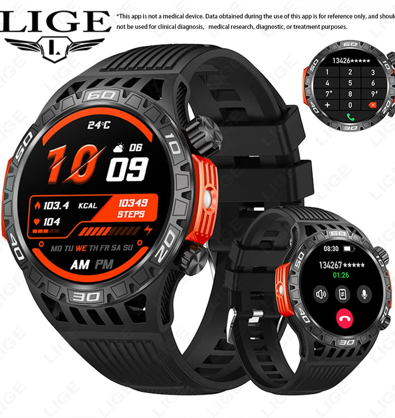 LIGE 1.46inch HD Screen Massive Battery Compass bluetooth Call Heart Rate Blood Pressure Monitor SOS Emergency Call Sleep Monitoring Multi-sport Modes Music Playback 10M Waterproof Smart Watch with Flashlight