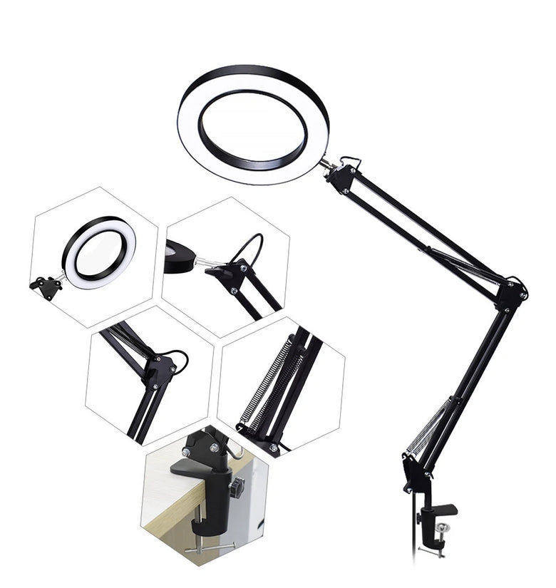 Flexible Desk Large 22cm+22cm  5X USB LED Magnifying Glass 3 Colors Illuminated Magnifier Lamp Loupe Reading/Rework Soldering with with Short Bracket