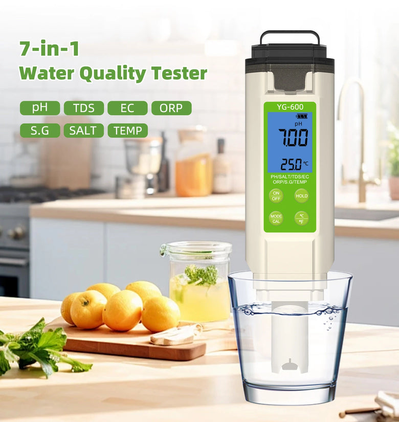 7-in-1 Water Quality Tester YG-600 Digital pH Meter EC TDS Salt ORP Temperature Tester for Aquarium Pool Hydroponics Accurate Measurement