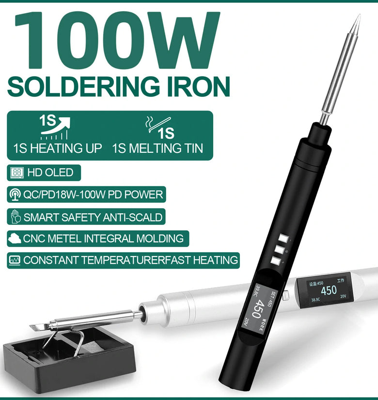Drillpro PTS200 V2 100W Electric Soldering Iron Portable Quick Warm-Up Tin Melting Open Source Supports PD3.0 Firmware Upgradeable Battery Not Included T12/TS100 Compatible with B2 Solder Tip