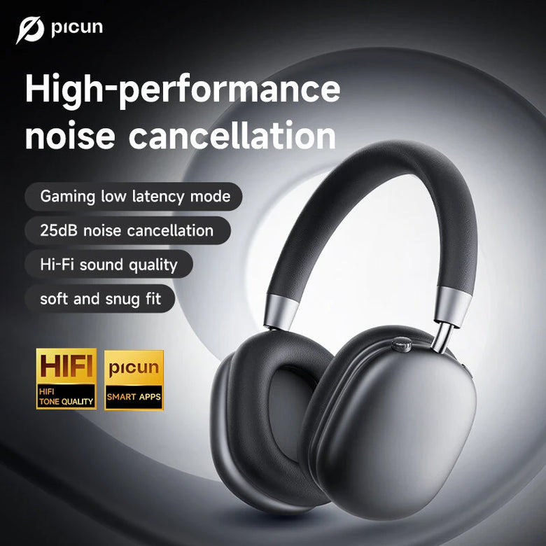 PICUN F5 ANC Headset bluetooth Headphone -25dB Active Noise Cancelling 40mm Large Drivers HiFi Stereo AAC Audio Low Game Delay Headphones with Mic