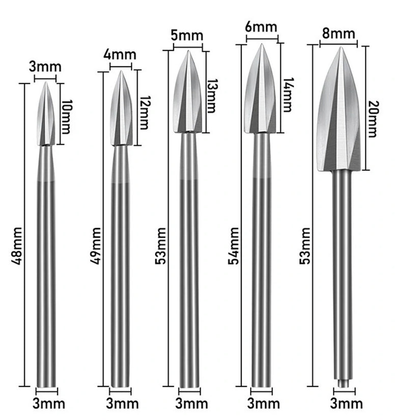 5Pcs Wood Carving Drill Bits HSS Engraving Drill Bit Set Solid Carbide Root Milling Grinder Burr Precise Woodworking Carve Tools